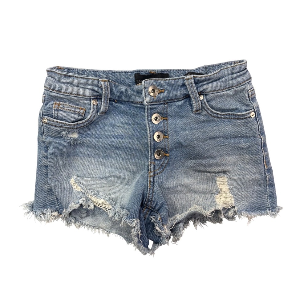 Kendall + Kylie 0/24 The Hipster Shorts‎ Denim Distressed Frayed Hem Button Fly